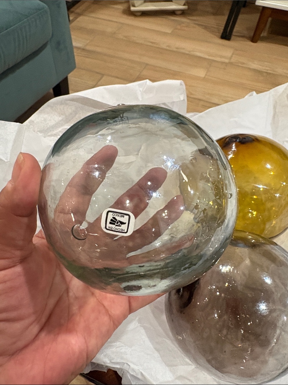 Handblown Glass Spheres - Amber, Smoky Gray & Seafoam new 13” round - Picture 2 of 4